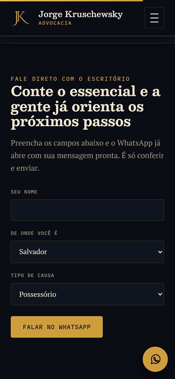 Formulário de contato do site no celular, com campos de nome, cidade e tipo de causa